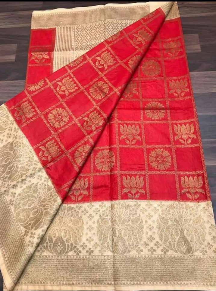 Red Beige Dupion Silk Sarees - Dailybuyys