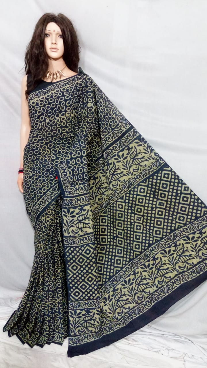 Black Bagru Printed Pure Cotton Sarees - Dailybuyys