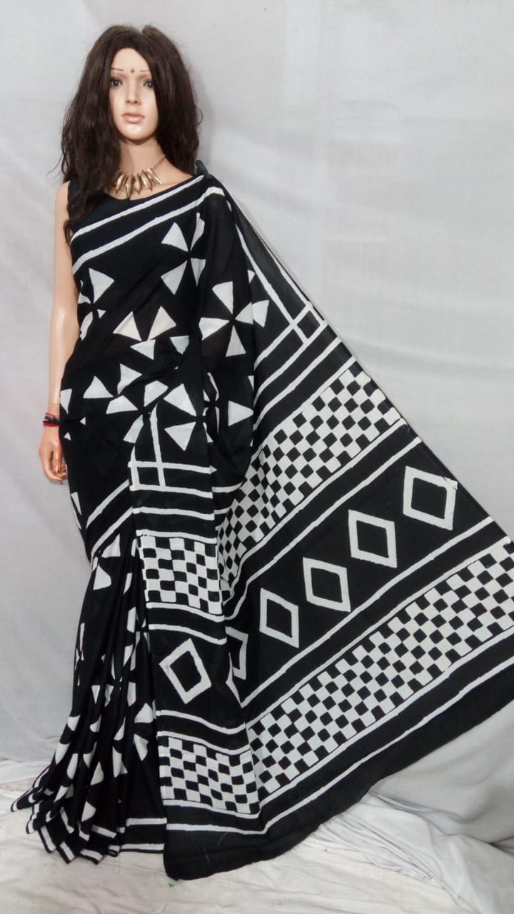 Black Bagru Printed Pure Cotton Sarees - Dailybuyys