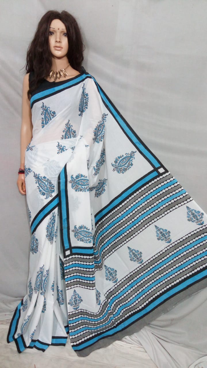 White Bagru Printed Pure Cotton Sarees - Dailybuyys