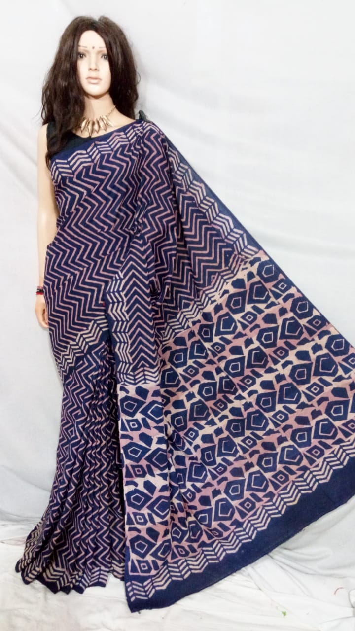 Violet Bagru Printed Pure Cotton Sarees - Dailybuyys