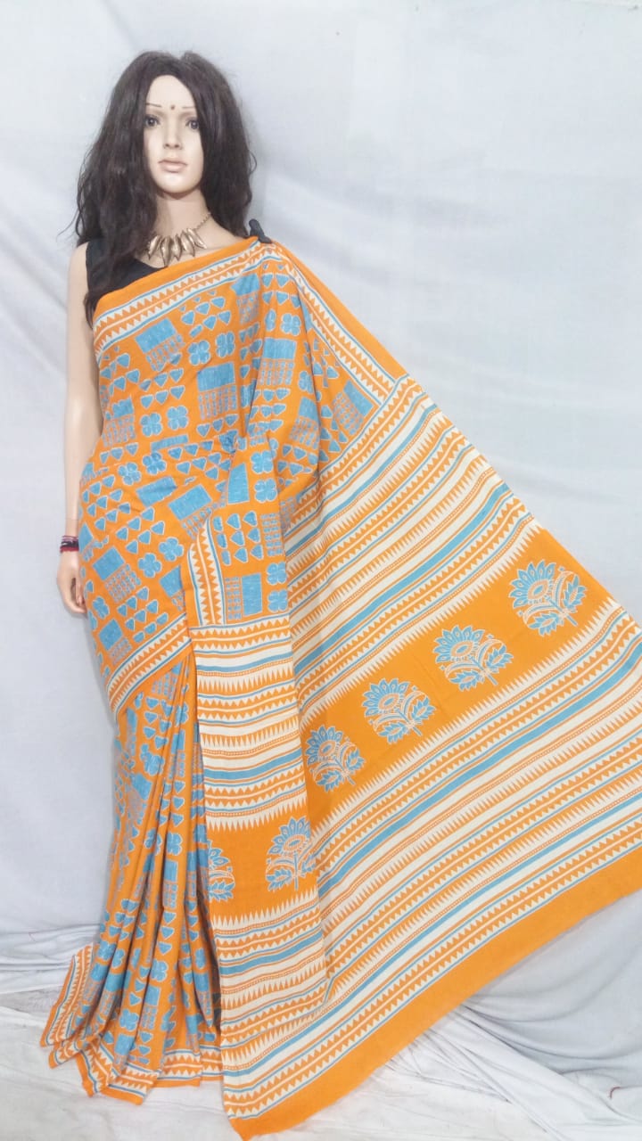 Yellow Bagru Printed Pure Cotton Sarees - Dailybuyys