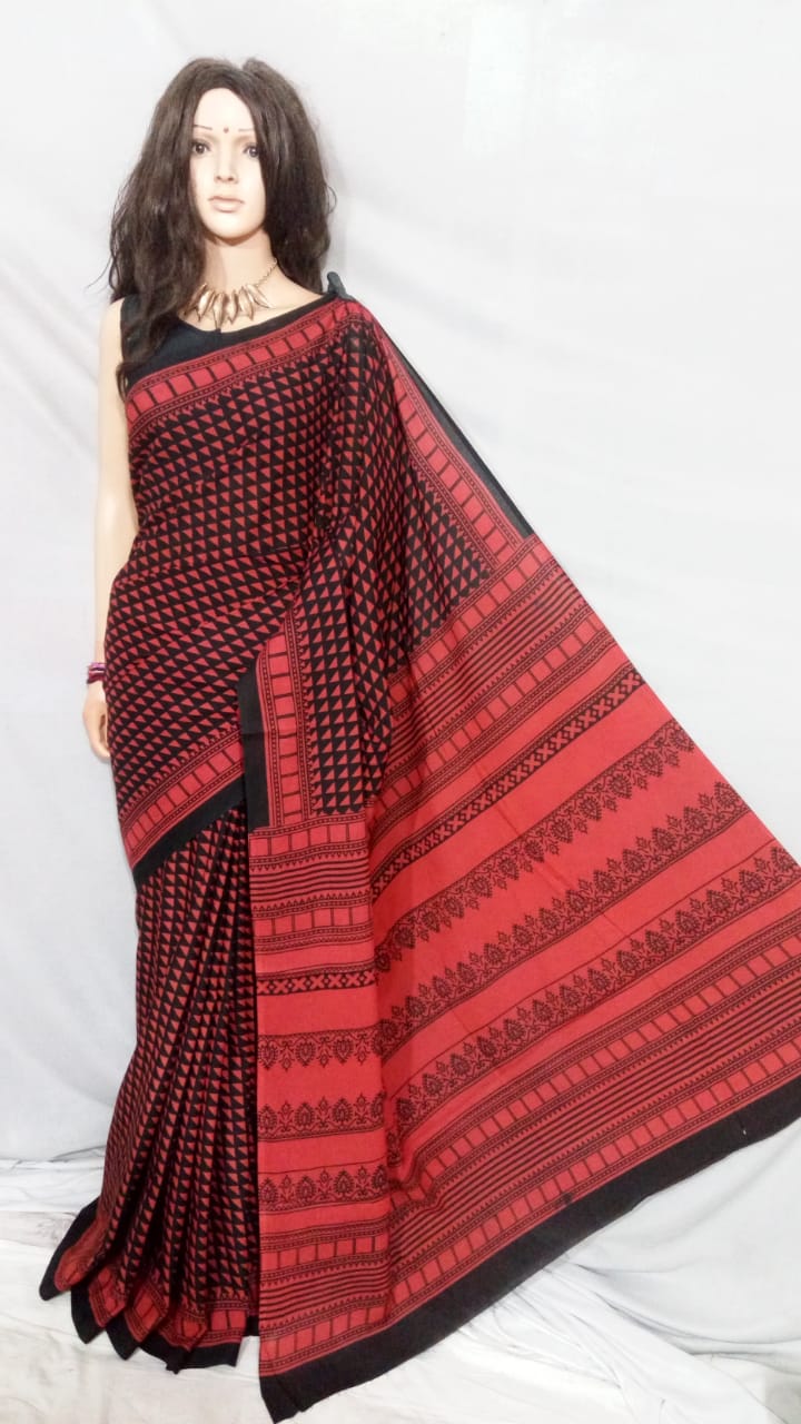 Maroon Bagru Printed Pure Cotton Sarees - Dailybuyys