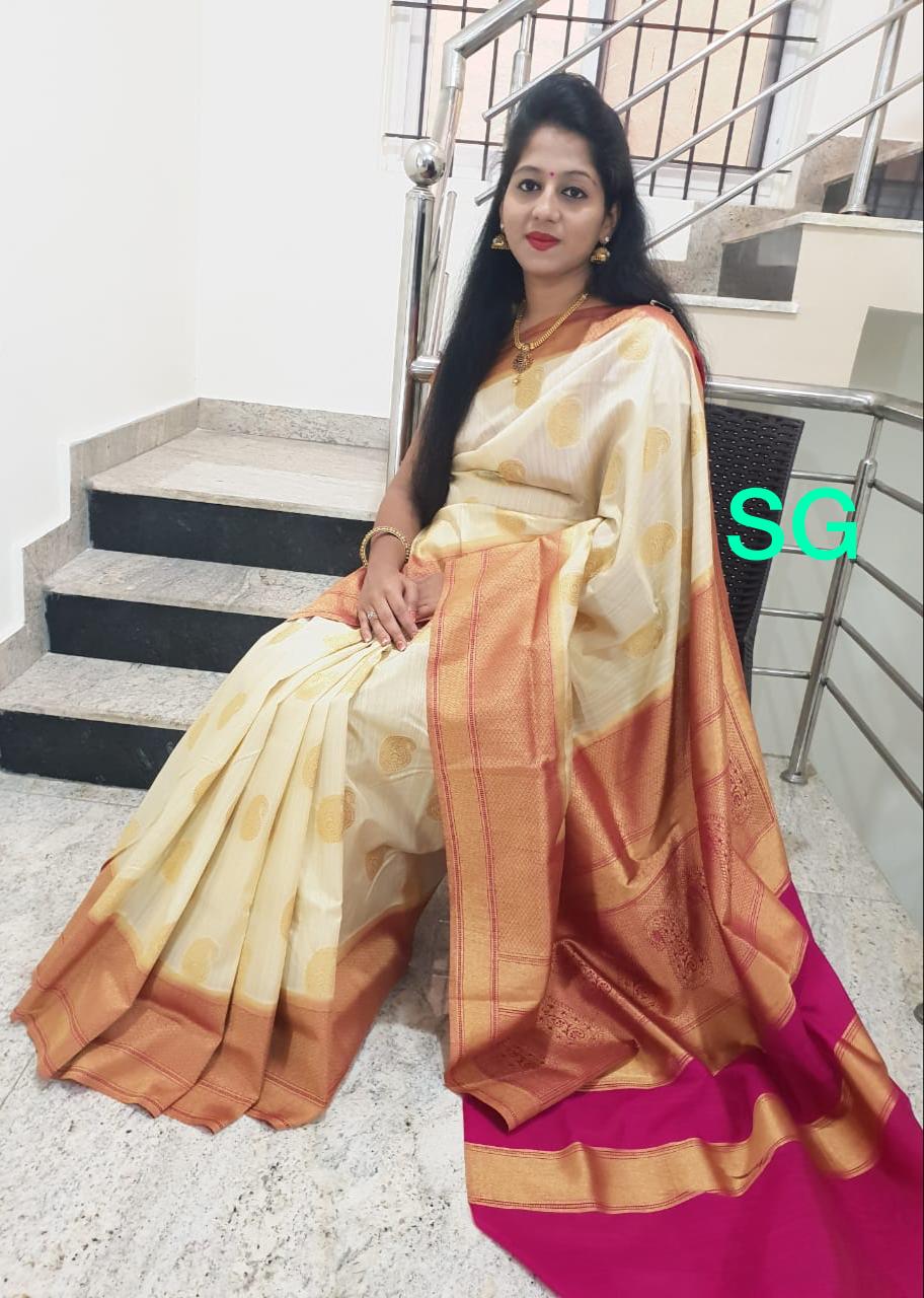 Beige Purple Banarasi Silk Sarees - Dailybuyys