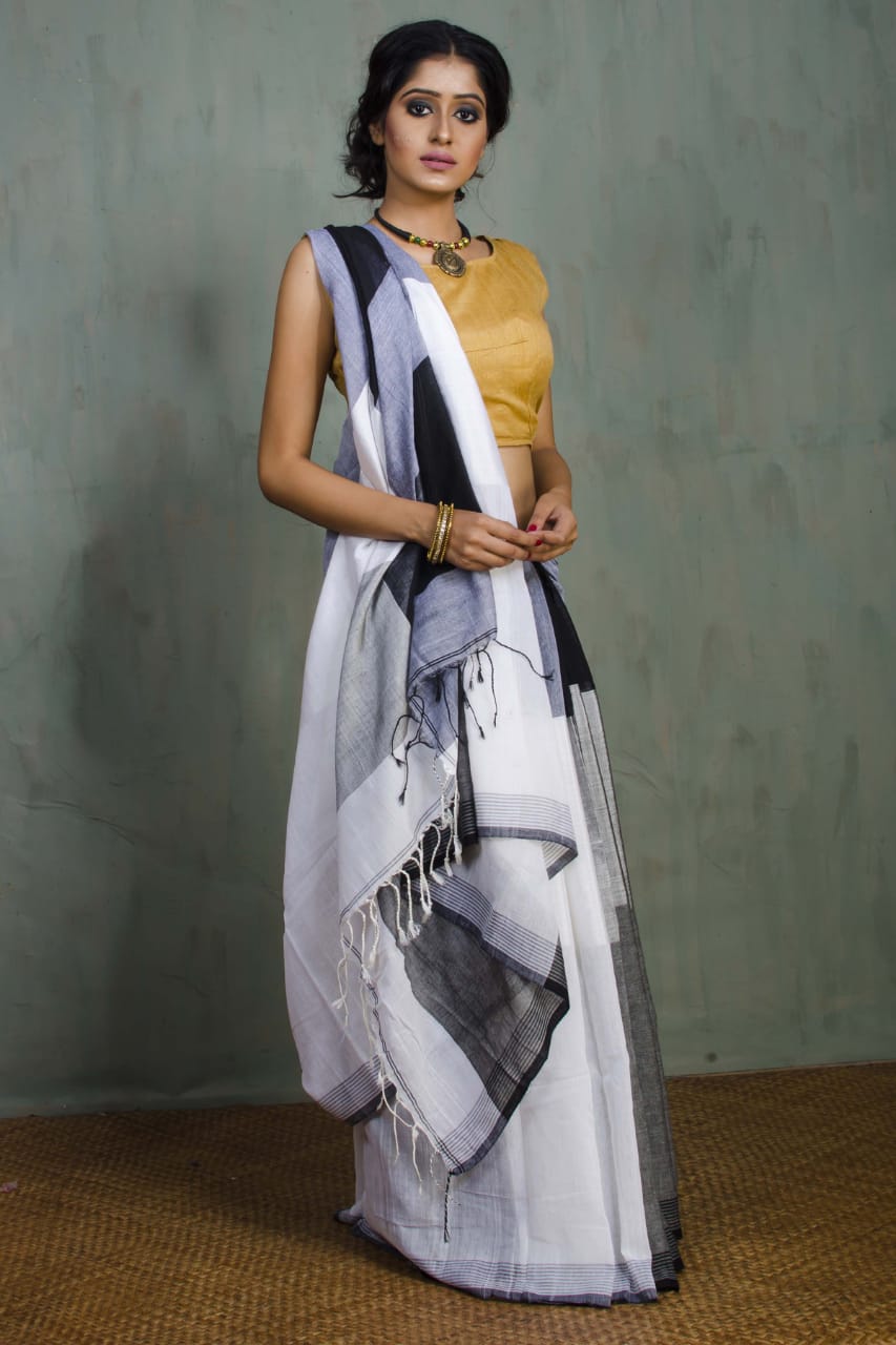 White Pure Cotton Khadi Sarees - Dailybuyys