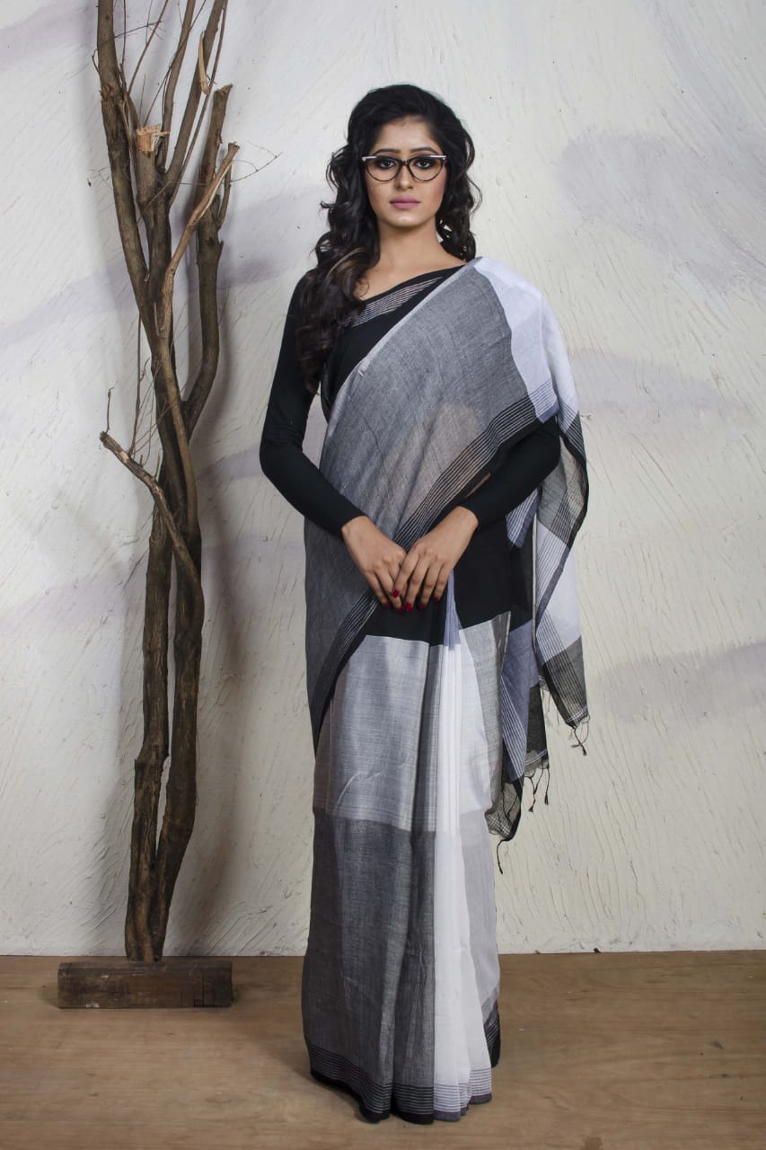 Black Grey Pure Cotton Khadi Sarees - Dailybuyys