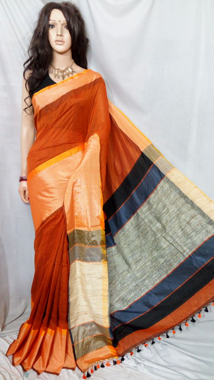 Red Orange Pure Cotton Silk Sarees - Dailybuyys