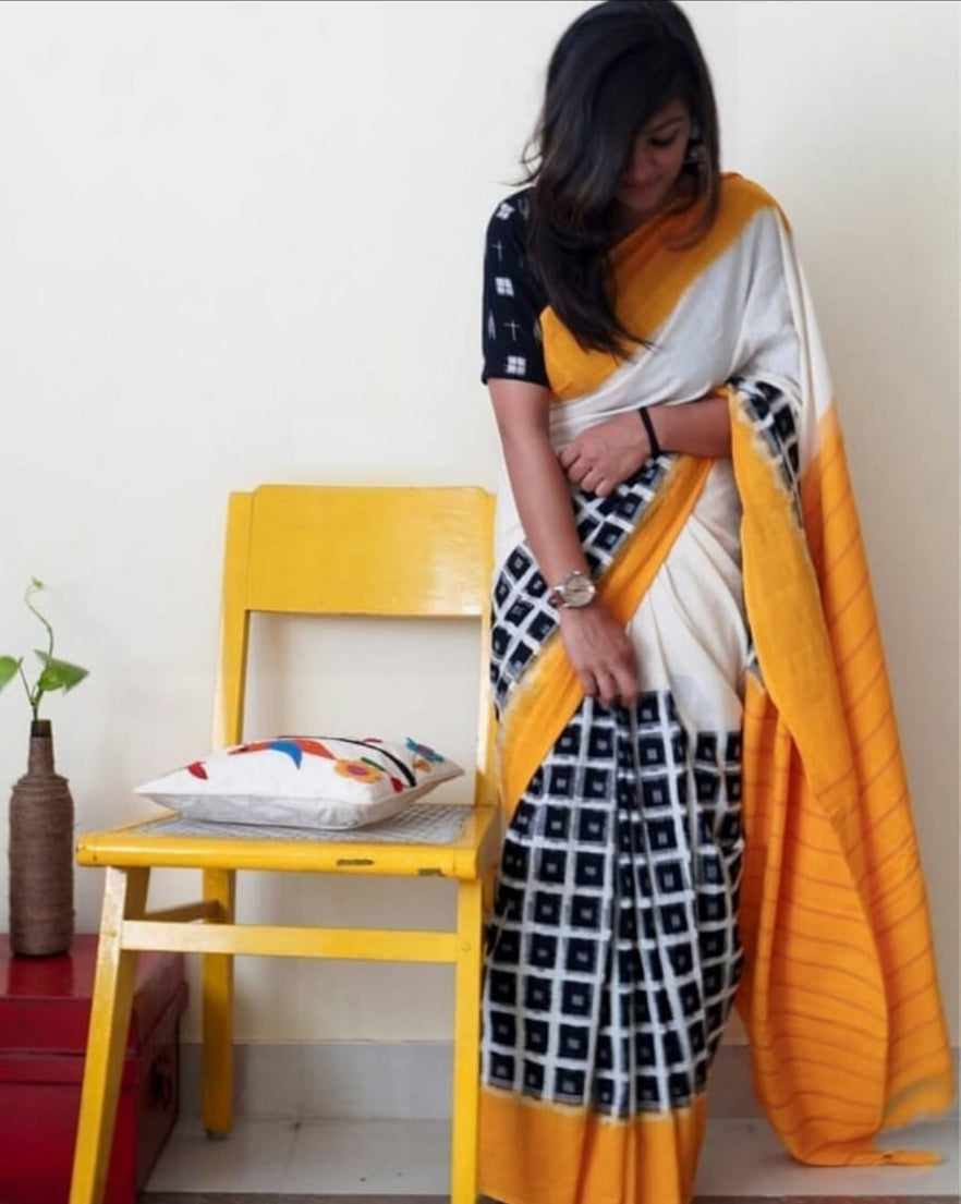 Yellow Black Mulmul Batik Sarees - Dailybuyys