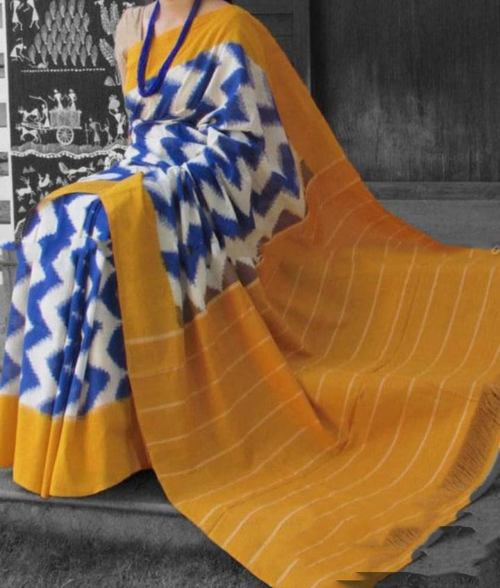 Yellow Blue Mulmul Batik Sarees - Dailybuyys