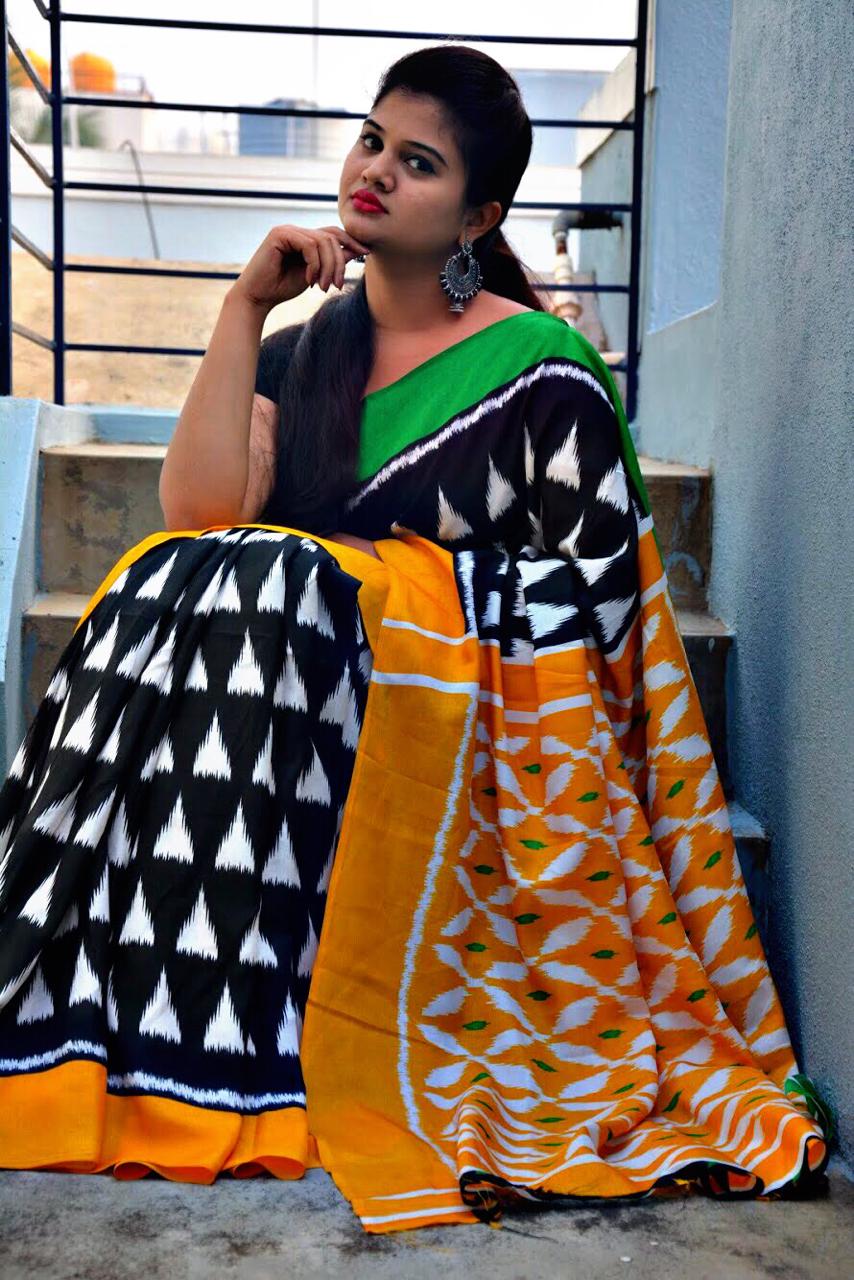 Black Yellow Mulmul Batik Sarees - Dailybuyys