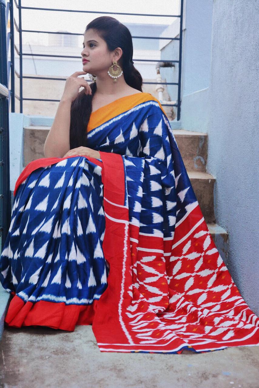 Blue Red Mulmul Batik Sarees - Dailybuyys