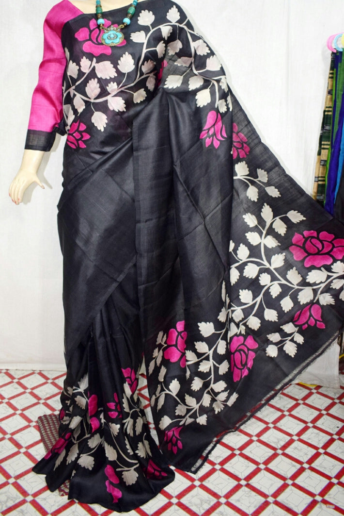Black Pure KK Hand Painted Silk Mark Certified Bishnupuri Silk Sarees - Dailybuyys