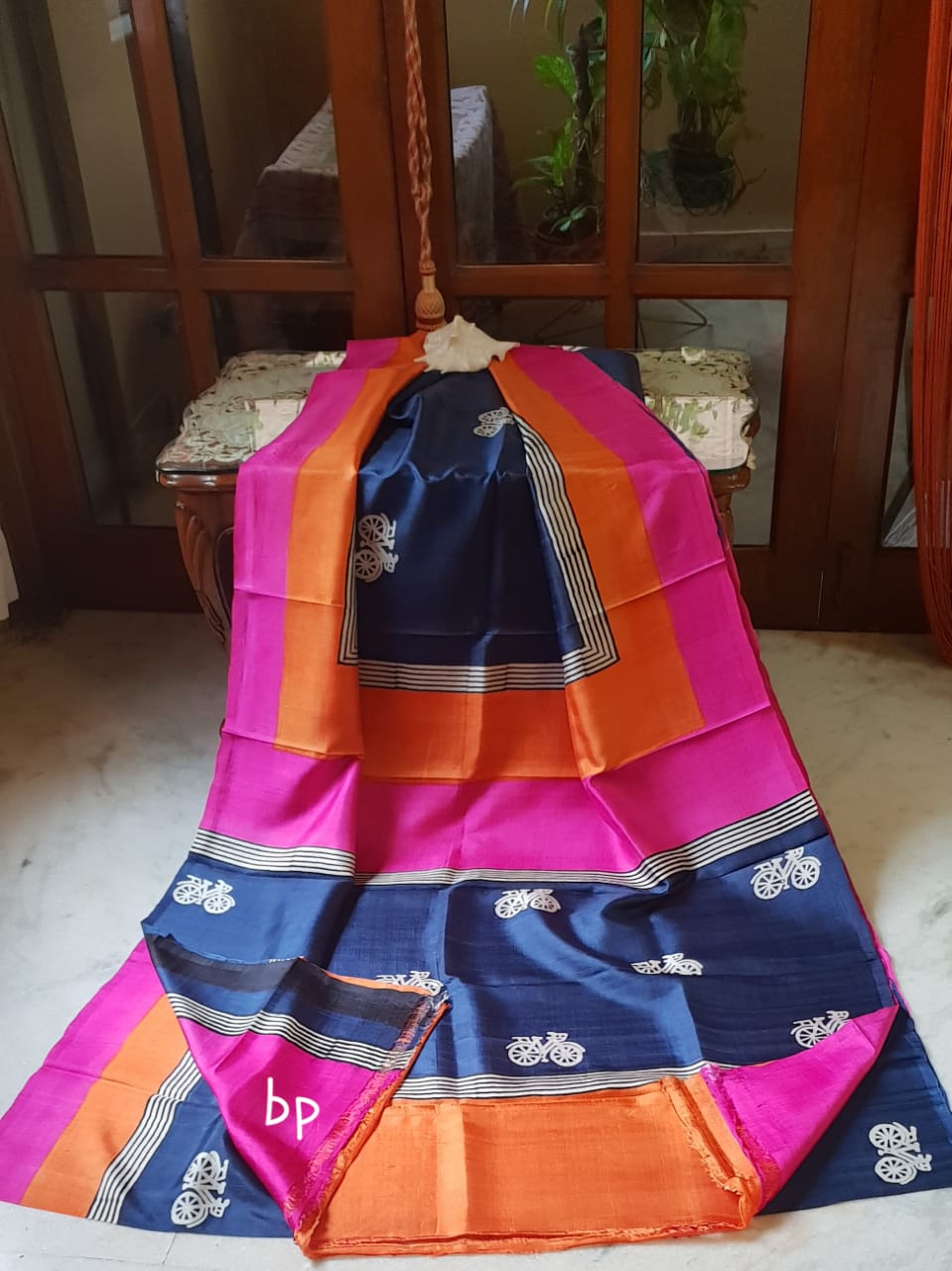 Blue Purple Pure KK Block Printed Silk Mark Certified Bishnupuri Silk Sarees - Dailybuyys