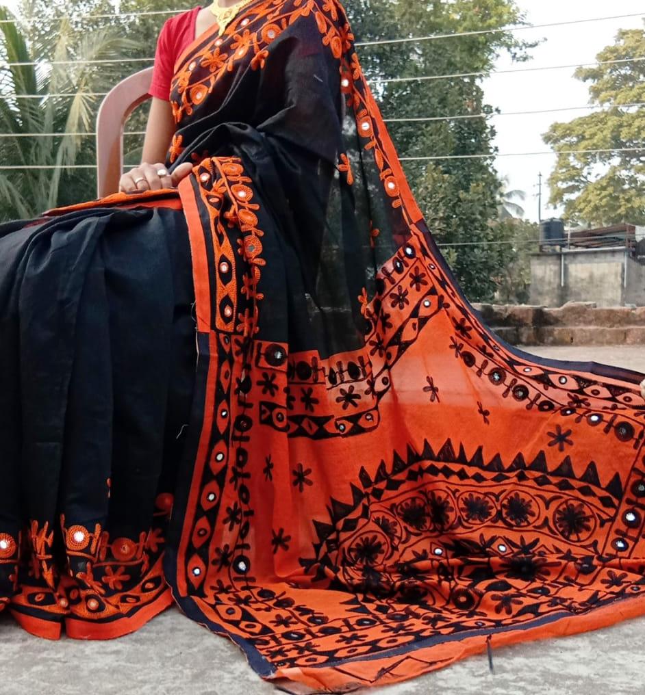 Black Orange Mirror Work Handloom Sarees - Dailybuyys