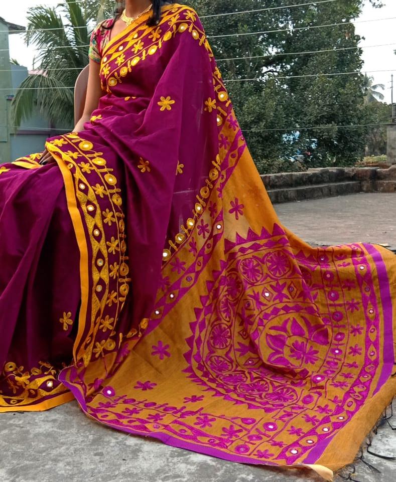 Violet Mirror Work Handloom Sarees - Dailybuyys