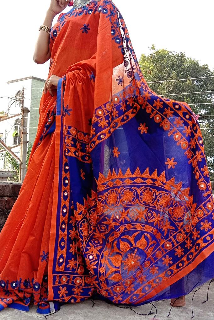 Orange Mirror Work Handloom Sarees - Dailybuyys