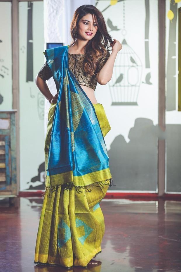 Yellow Blue Handwoven Dupion Silk Sarees - Dailybuyys