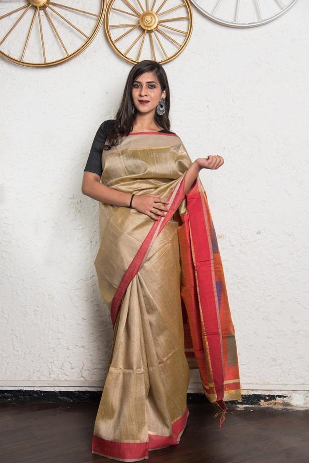 Beige Handwoven Dupion Silk Sarees - Dailybuyys