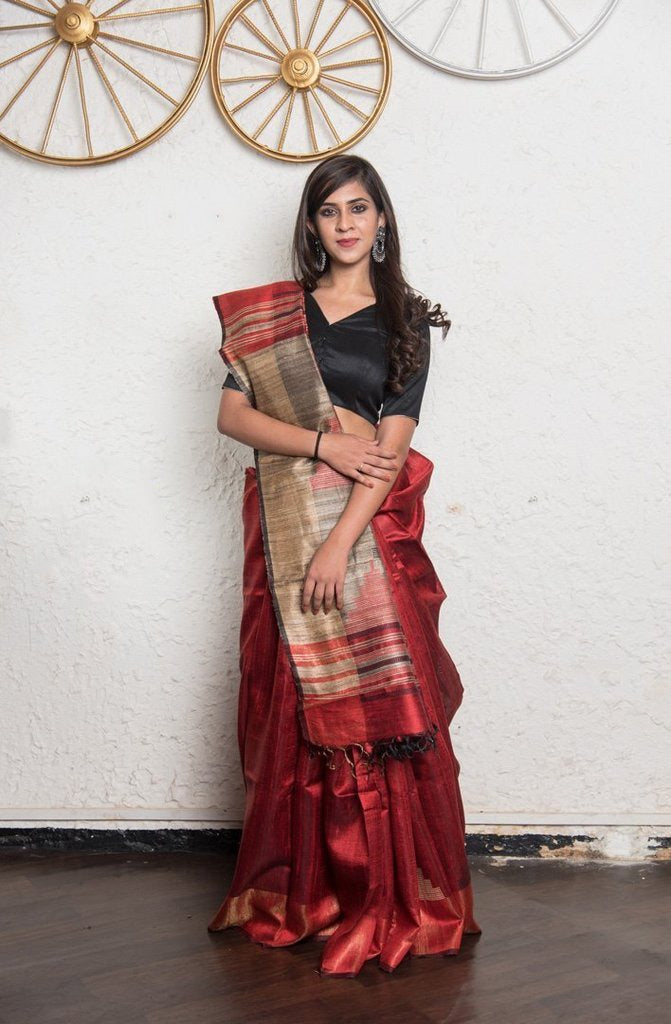 Red Handwoven Dupion Silk Sarees - Dailybuyys