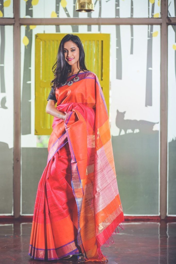 Orange Handwoven Dupion Silk Sarees - Dailybuyys
