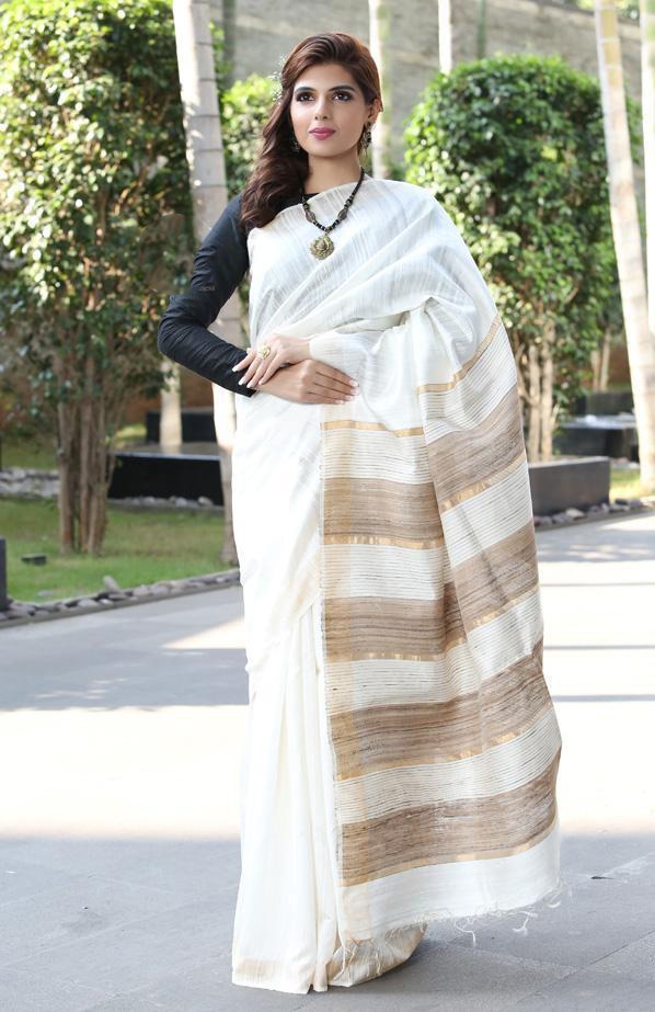 White Handwoven Dupion Silk Sarees - Dailybuyys