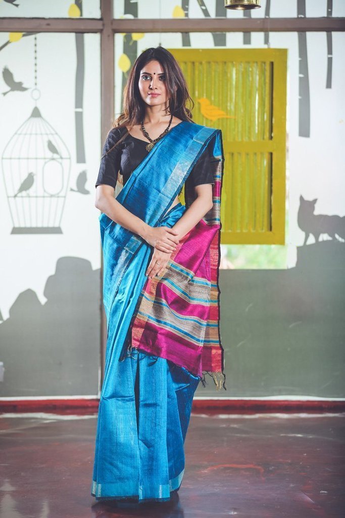 Blue Handwoven Dupion Silk Sarees - Dailybuyys