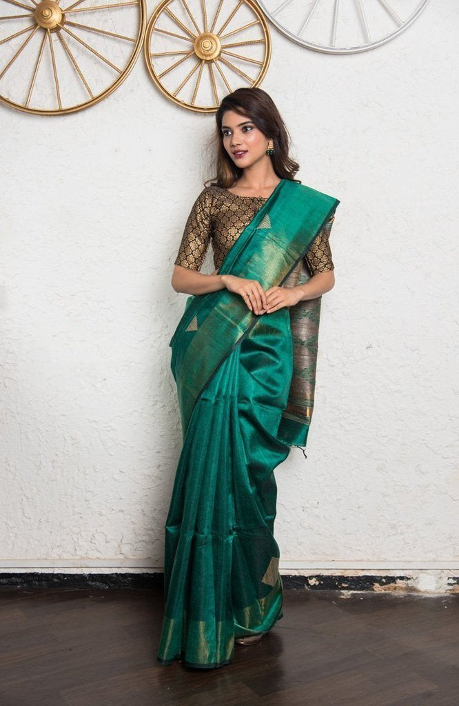 Green Handwoven Dupion Silk Sarees - Dailybuyys
