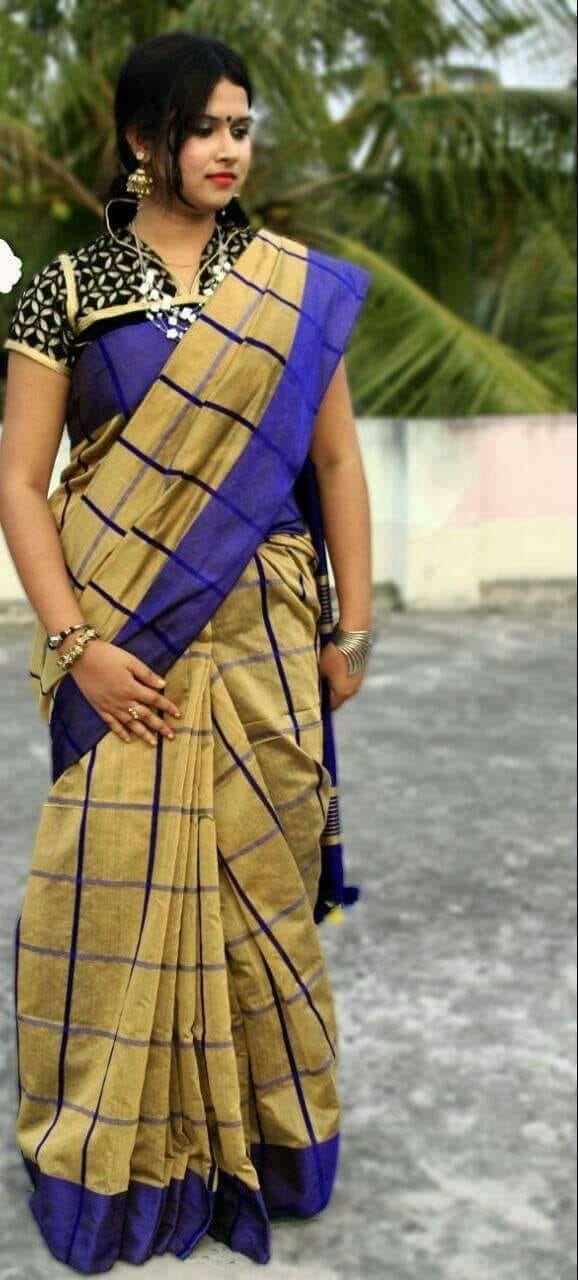 Yellow Blue Block Printed Zari Border Pure Silk Mark Certified Tussar Ghicha Silk Sarees - Dailybuyys