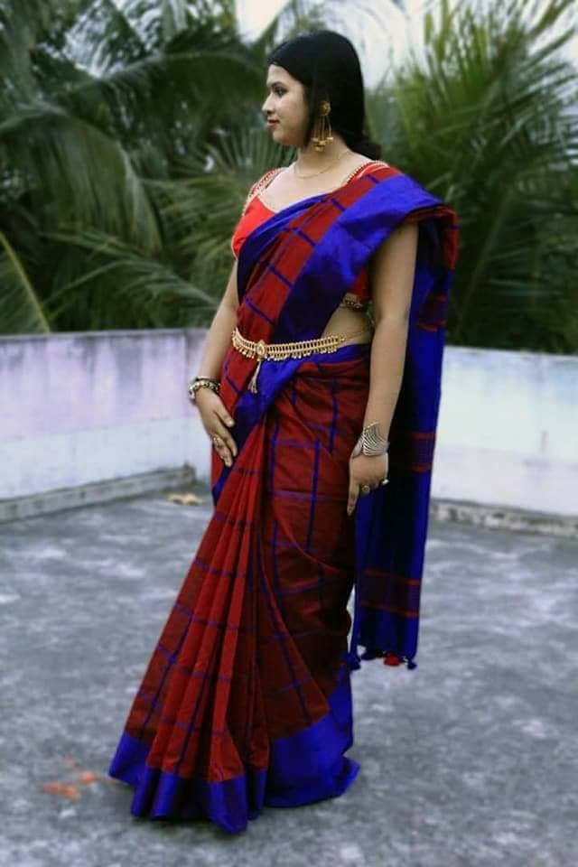 Red Blue Block Printed Zari Border Pure Silk Mark Certified Tussar Ghicha Silk Sarees - Dailybuyys
