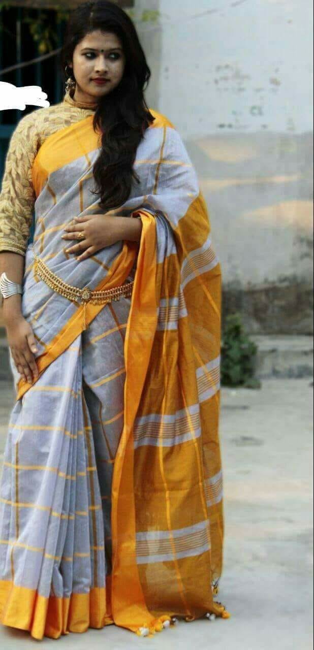 Beige Yellow Block Printed Zari Border Pure Silk Mark Certified Tussar Silk Sarees - Dailybuyys