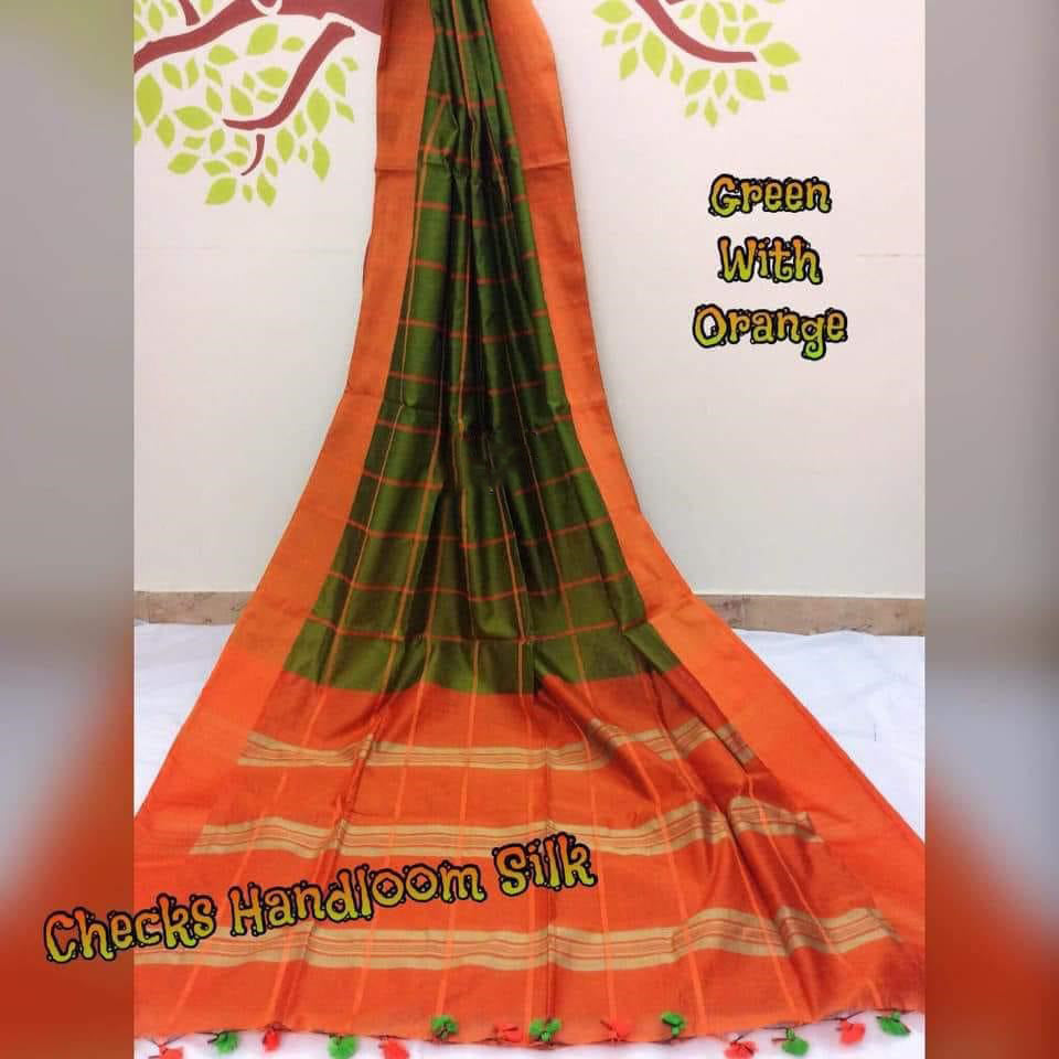 Green Orange Block Printed Zari Border Pure Silk Mark Certified Tussar Ghicha Silk Sarees