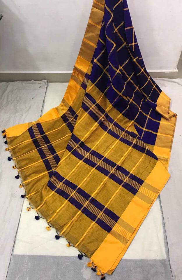 Yellow Blue Block Printed Zari Border Pure Silk Mark Certified Tussar Ghicha Silk Sarees - Dailybuyys