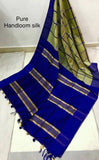 Blue Green Block Printed Zari Border Pure Silk Mark Certified Tussar Ghicha Silk Sarees