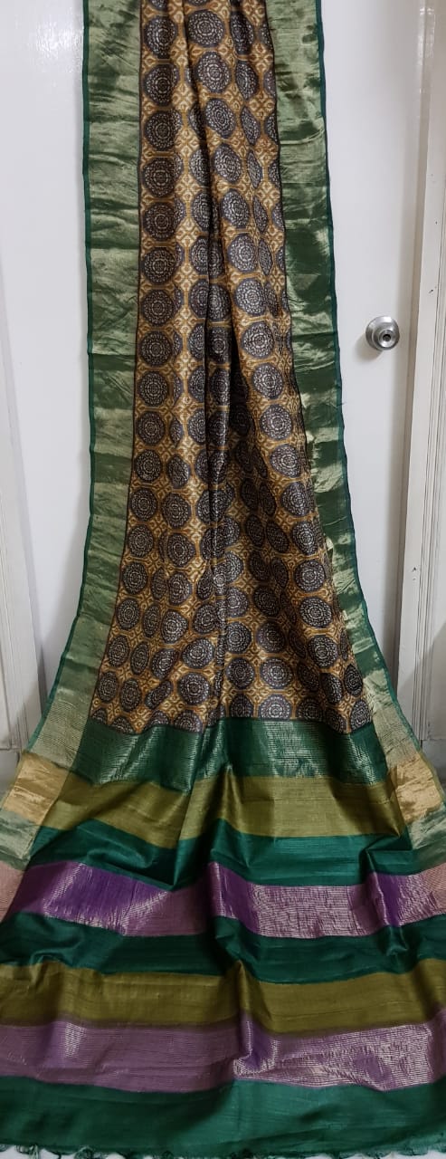 Brown Zari Block Printed Zari Border Pure Silk Mark Certified Tussar Silk Sarees - Dailybuyys