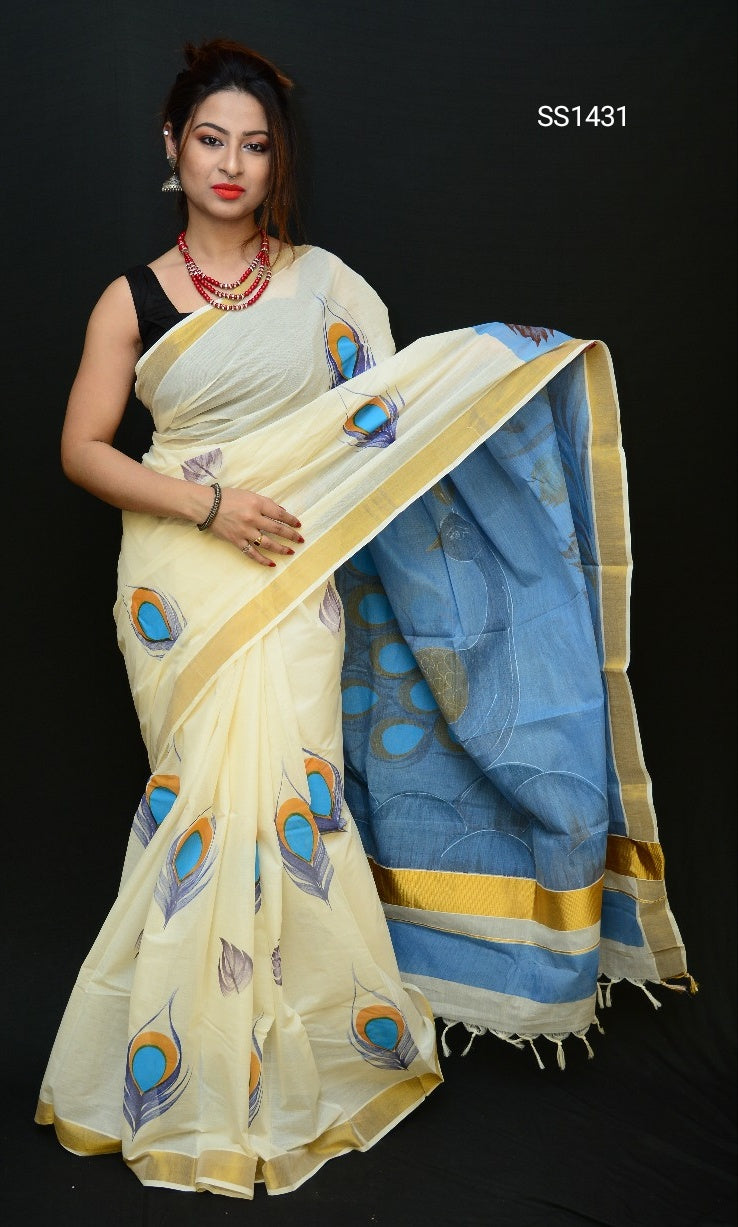 Beige Blue Kerala Pure Cotton Sarees - Dailybuyys