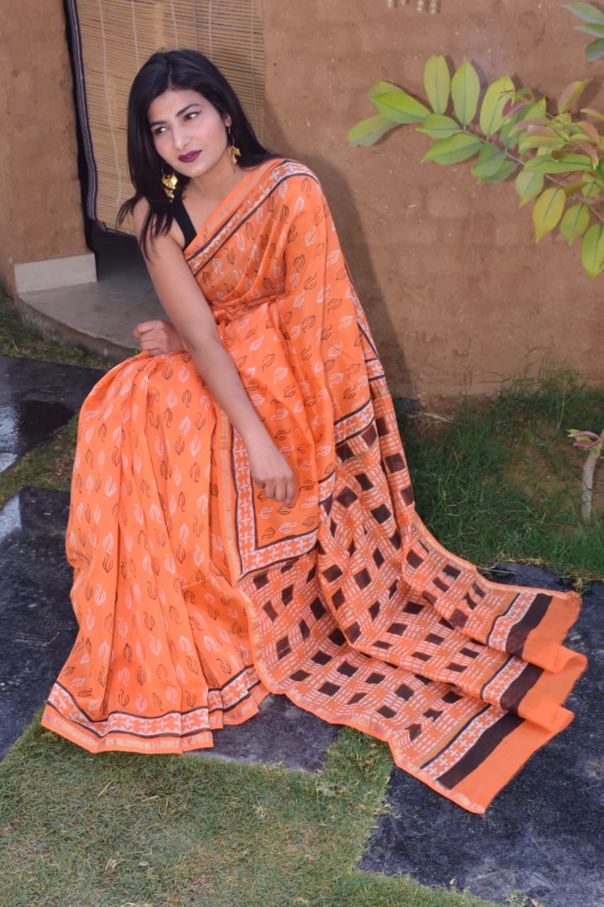 Orange Chanderi Silk Sarees - Dailybuyys