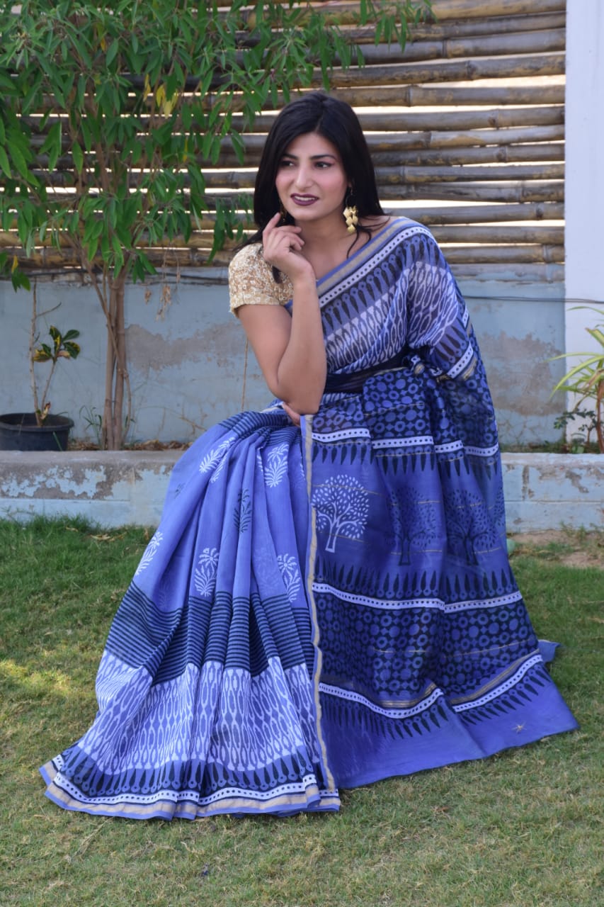 Blue Chanderi Silk Sarees - Dailybuyys