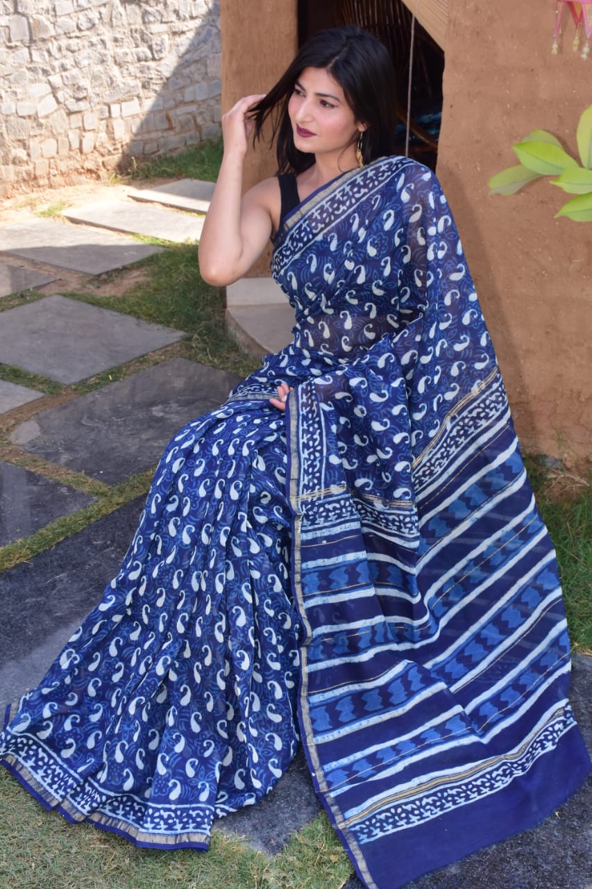 Blue Chanderi Silk Sarees - Dailybuyys