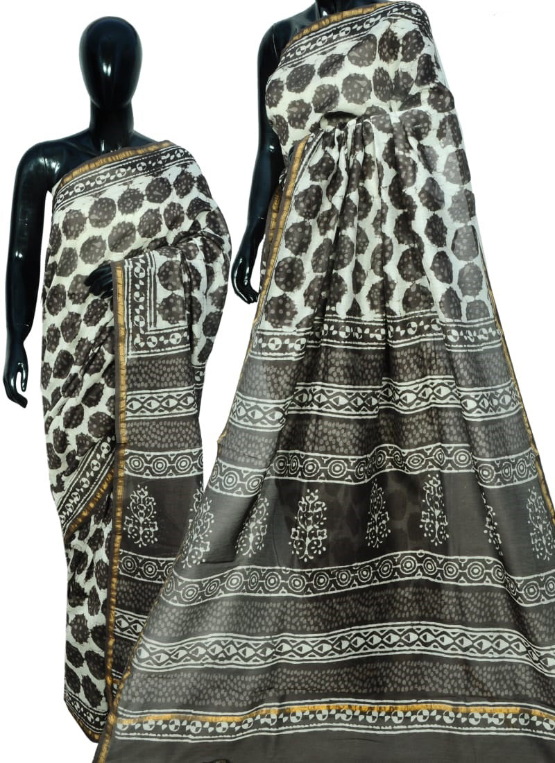 Grey Bagru Printed Pure Cotton Sarees - Dailybuyys