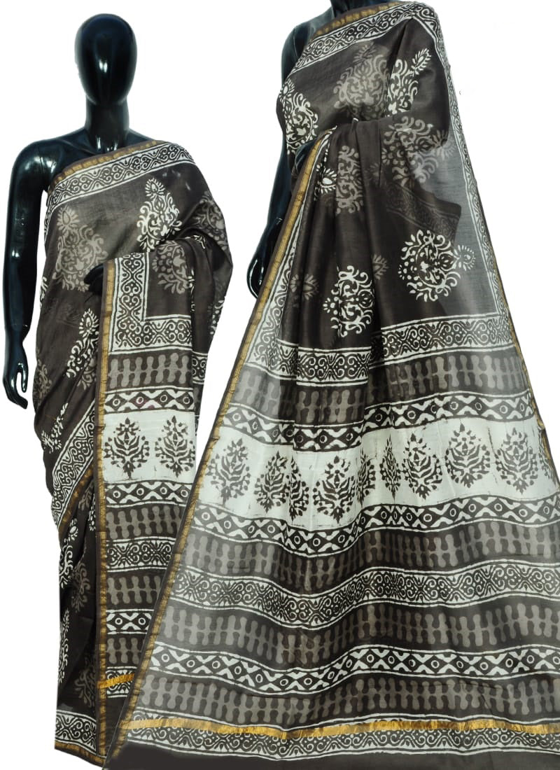 Grey Bagru Printed Pure Cotton Sarees - Dailybuyys