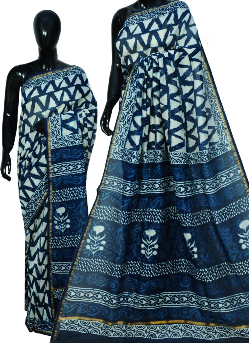 Blue Bagru Printed Pure Cotton Sarees - Dailybuyys