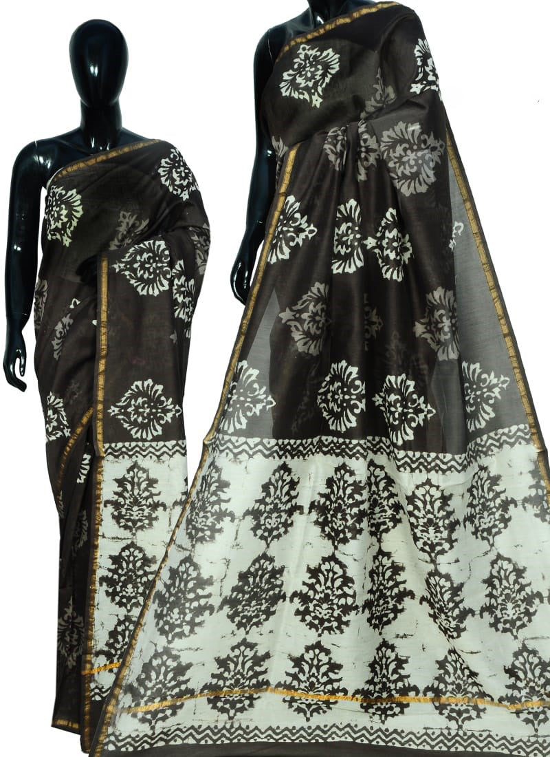 Black Bagru Printed Pure Cotton Sarees - Dailybuyys