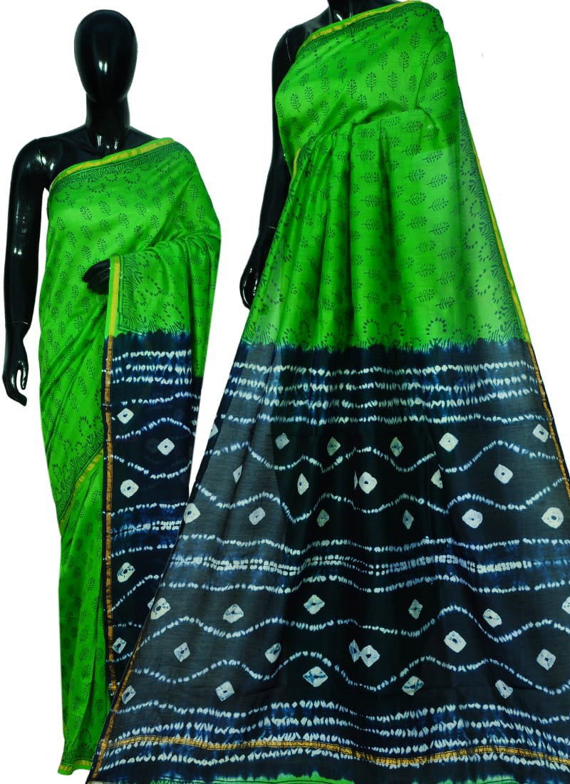 Green Bagru Printed Pure Cotton Sarees - Dailybuyys