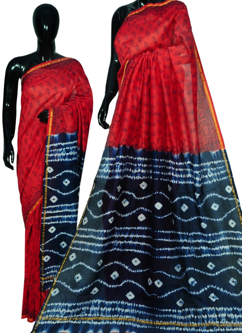 Red Black Bagru Printed Pure Cotton Sarees - Dailybuyys