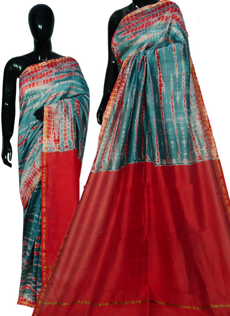Blue Red Bagru Printed Pure Cotton Sarees - Dailybuyys