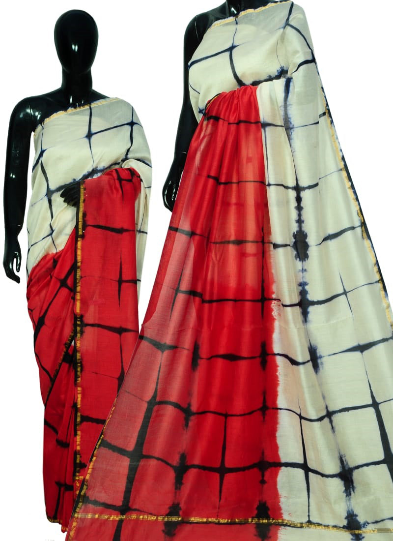 Red Beige Bagru Printed Pure Cotton Sarees - Dailybuyys