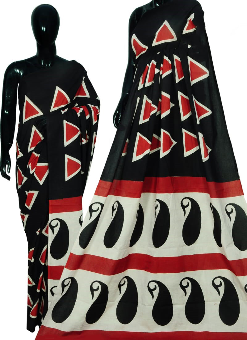 Black Bagru Printed Pure Cotton Sarees - Dailybuyys