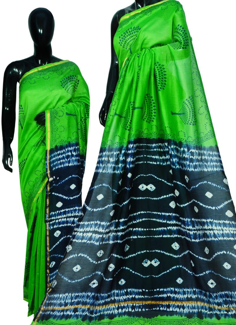 Green Blue Bagru Printed Pure Cotton Sarees - Dailybuyys