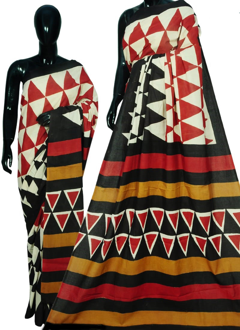 Black Bagru Printed Pure Cotton Sarees - Dailybuyys