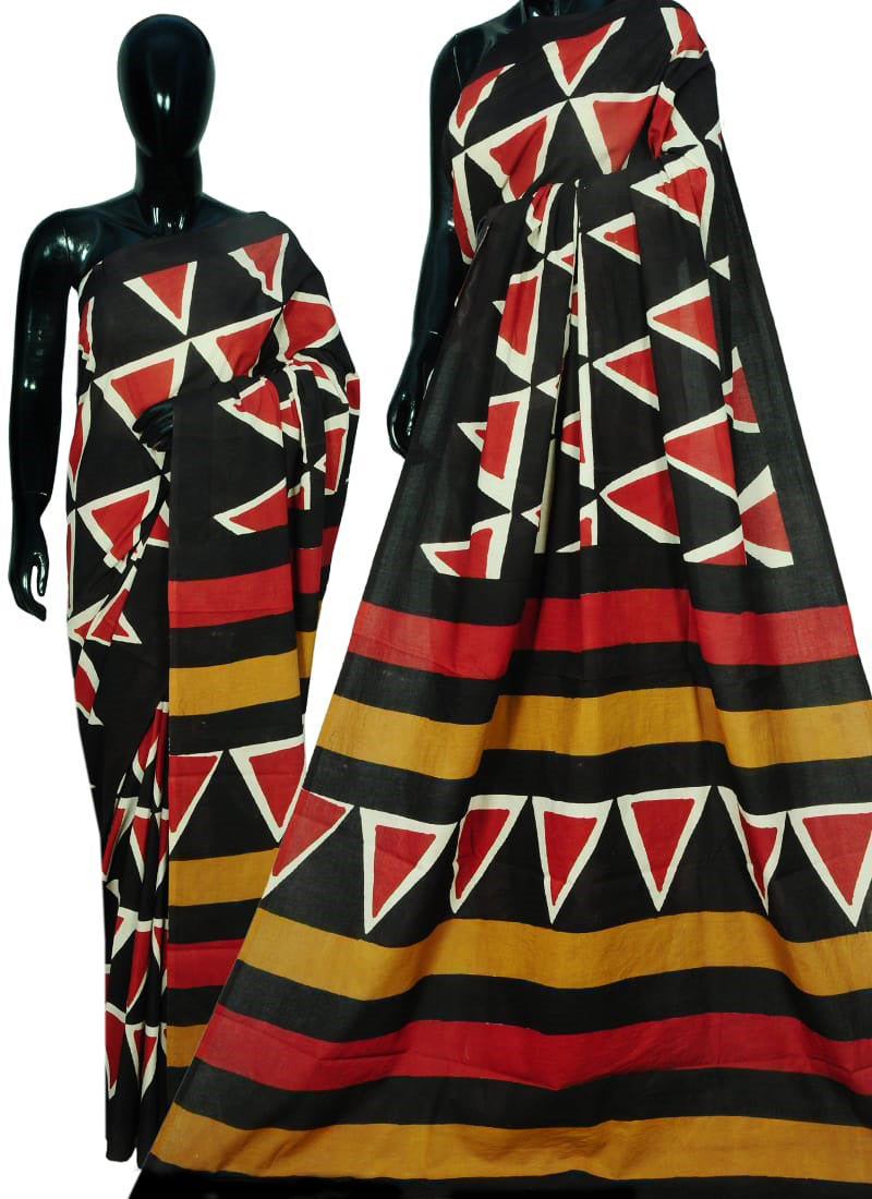 Black Bagru Printed Pure Cotton Sarees - Dailybuyys